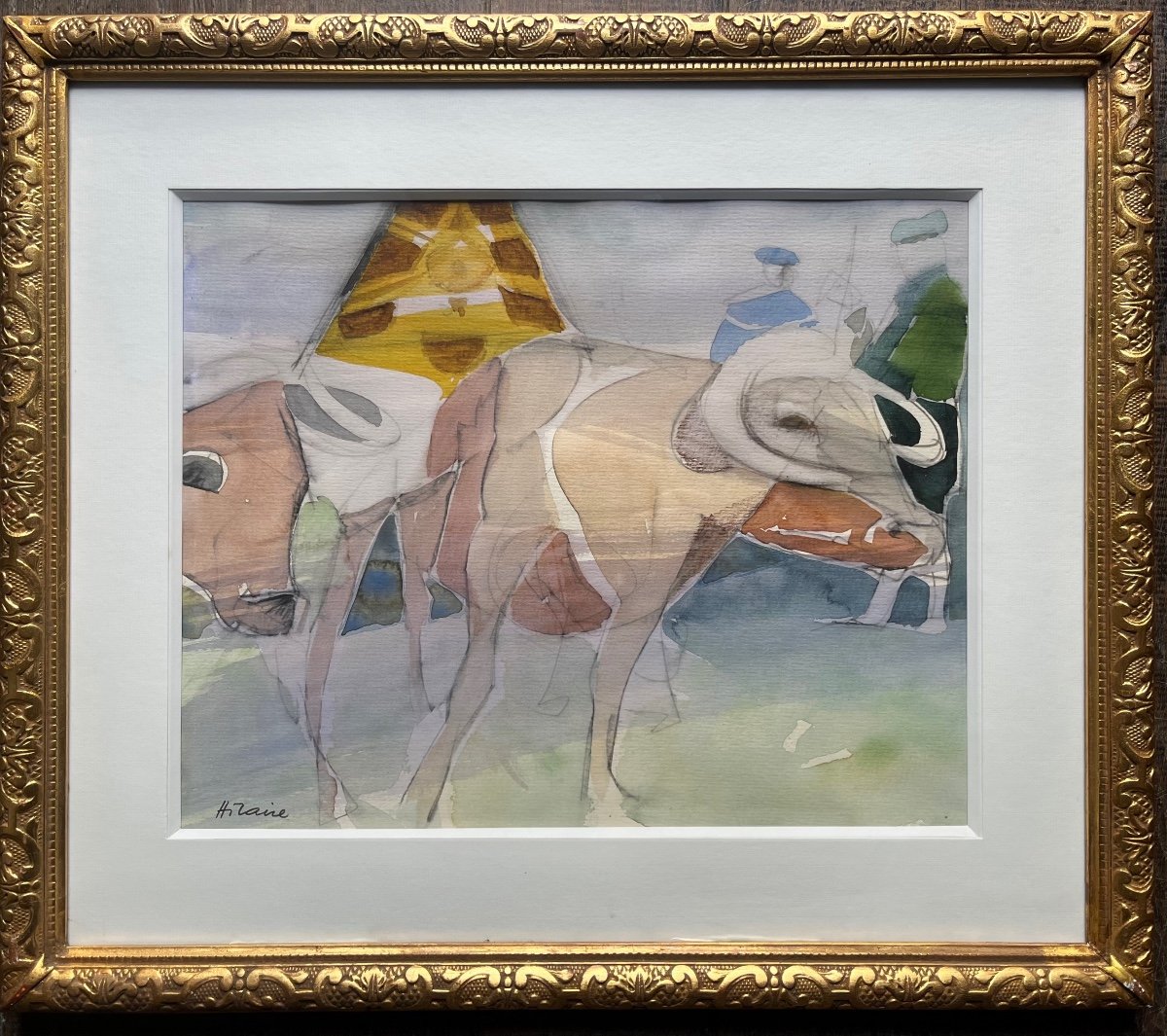 Camille Hilaire Bull In Procession Original Watercolor Animal Religion Mythology 