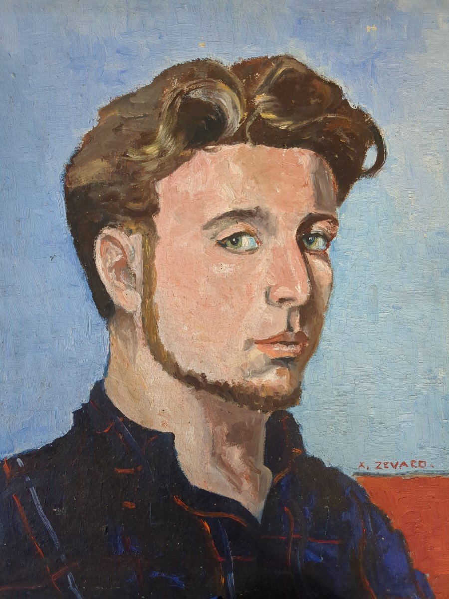 Xavier Zevaco Self-portrait Youth Work Oil On Cardboard