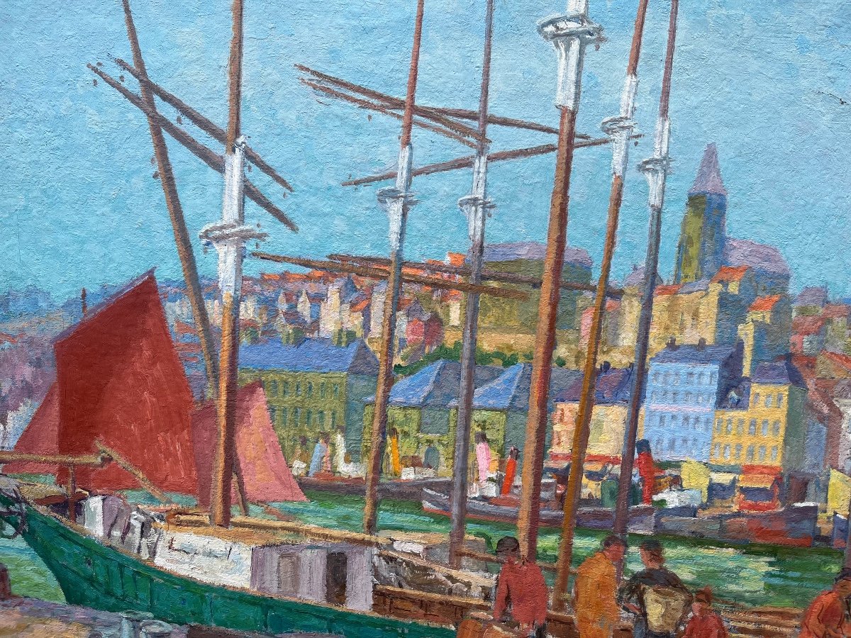 Pierre Boissart Huile Sur Toile - Merci Port De Boulogne Sur Mer  bateaux marin -photo-4