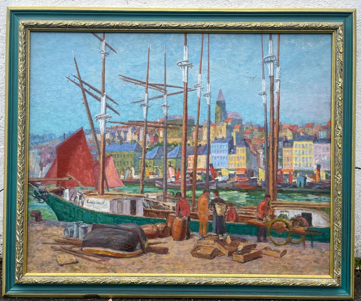 Pierre Boissart Huile Sur Toile - Merci Port De Boulogne Sur Mer  bateaux marin 