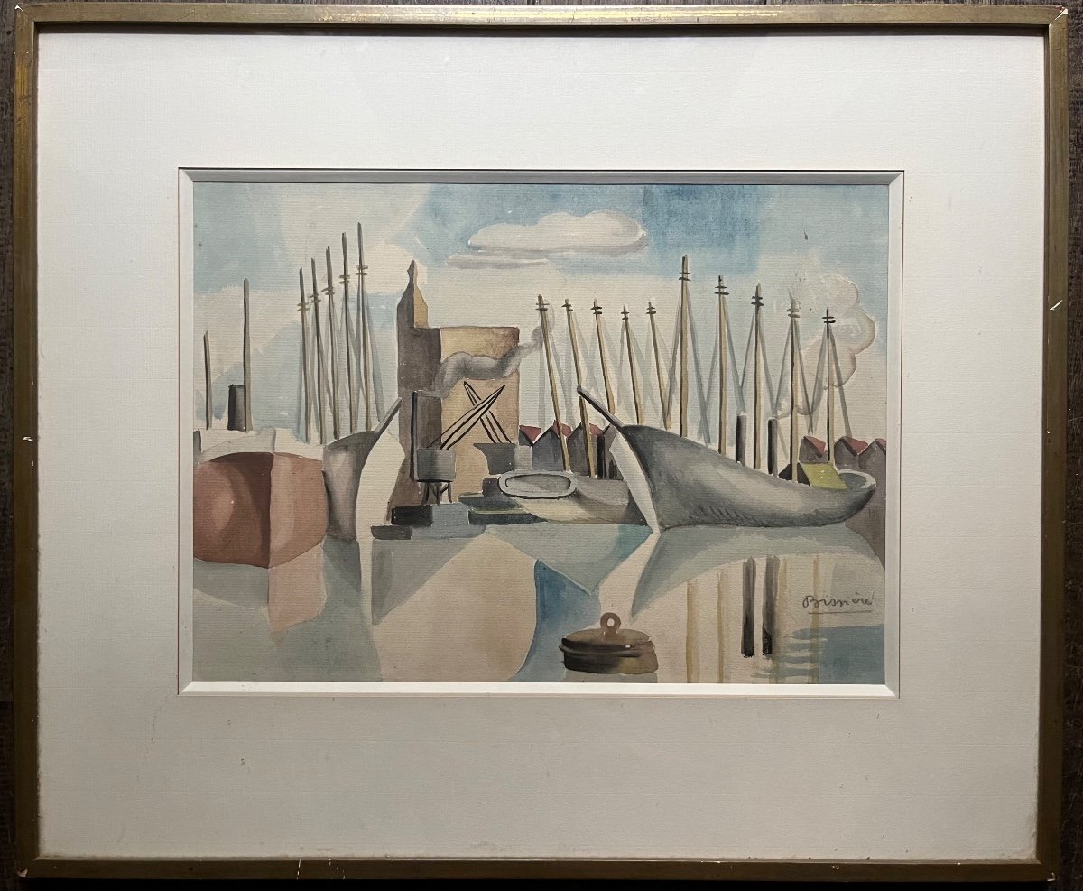 Roger Bissiere Cubist Watercolor Ships In The Port Of La Rochelle Modern Art -photo-4