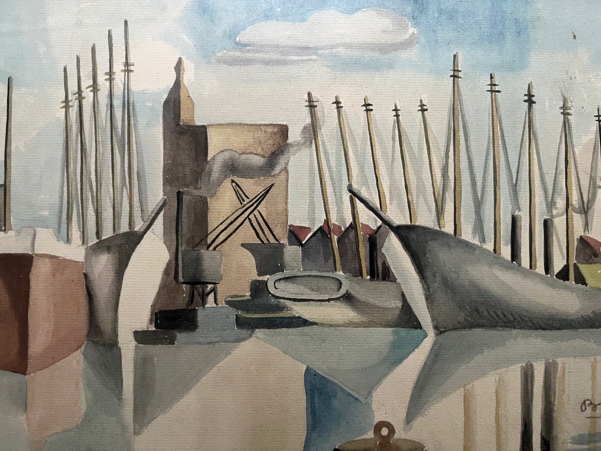 Roger Bissiere Cubist Watercolor Ships In The Port Of La Rochelle Modern Art -photo-1