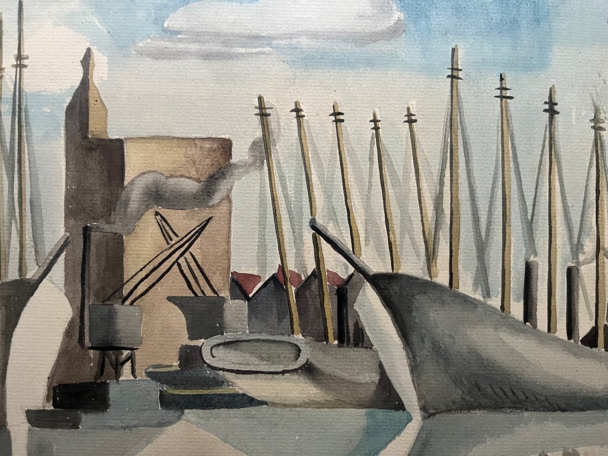 Roger Bissiere Cubist Watercolor Ships In The Port Of La Rochelle Modern Art -photo-2