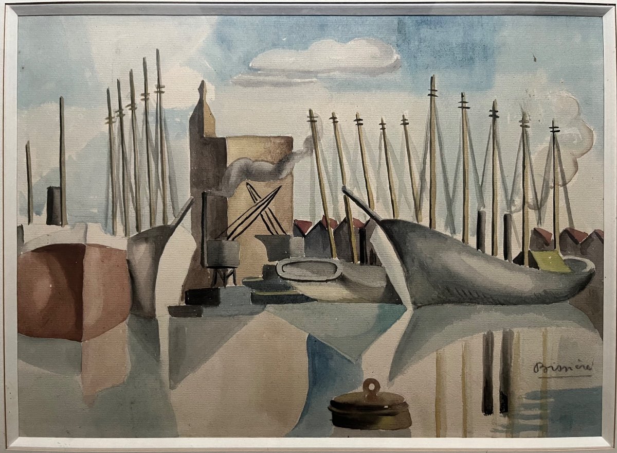 Roger Bissiere Cubist Watercolor Ships In The Port Of La Rochelle Modern Art 