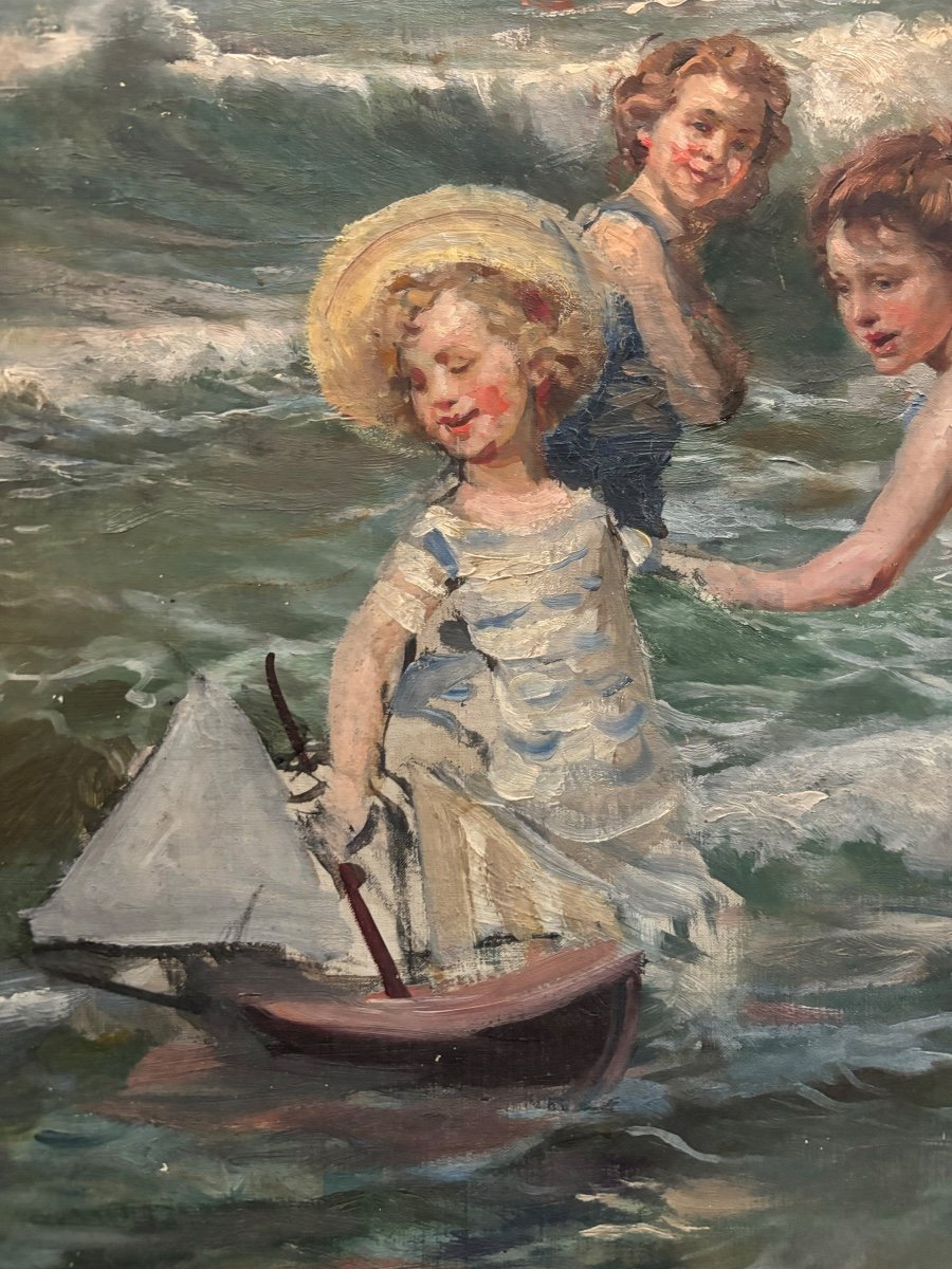 école Vers 1900 Les Enfants Aux Bains De Mer Huile Sur Toile Sorolla William Mac Taggart-photo-2