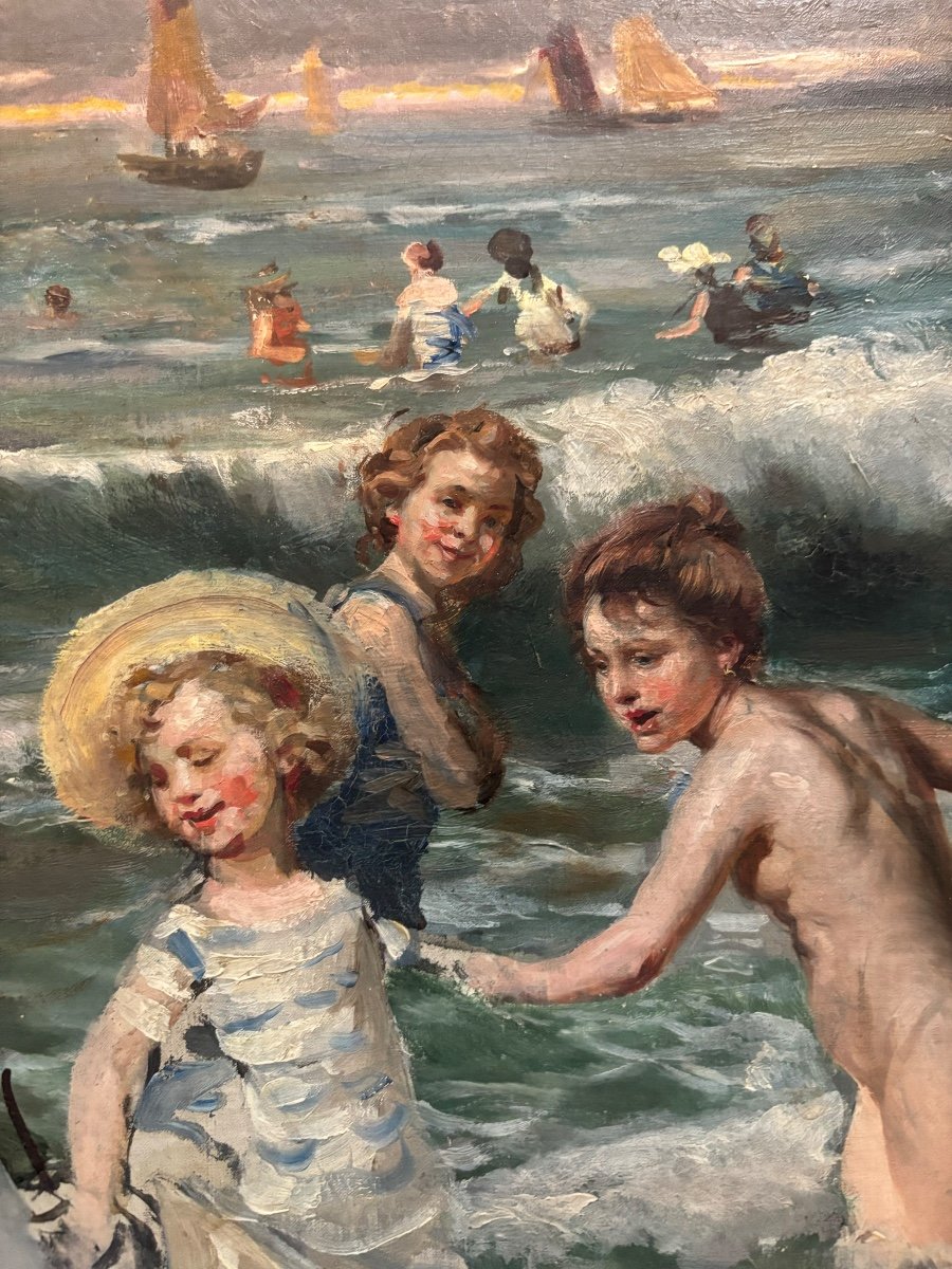 école Vers 1900 Les Enfants Aux Bains De Mer Huile Sur Toile Sorolla William Mac Taggart-photo-1