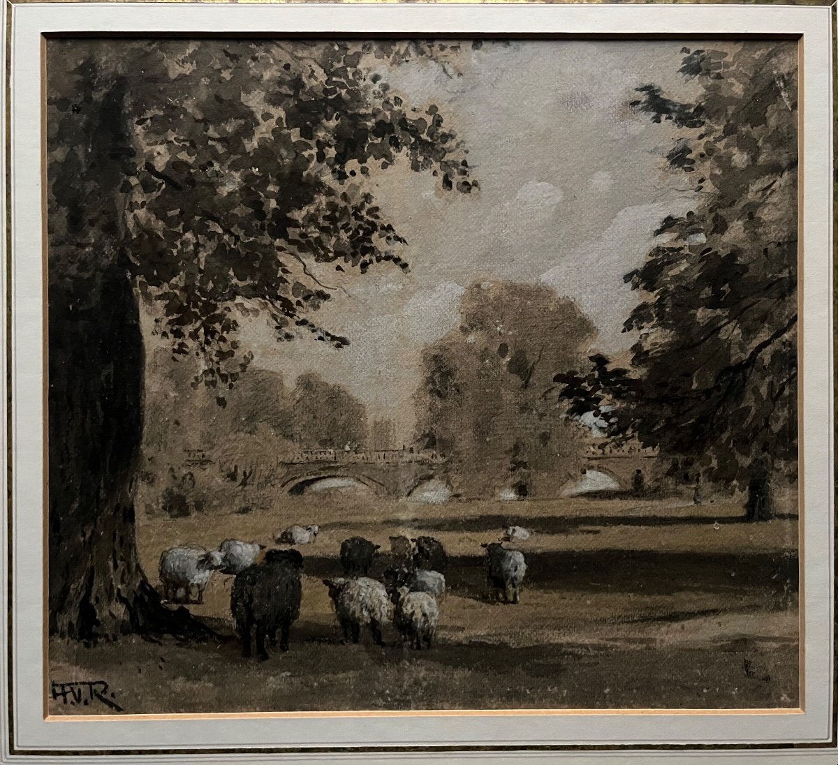 Horace Van Ruith - école Anglaise - Dessin Encre Sur Papier Parc Mouton Chien Arbre Pont -photo-2