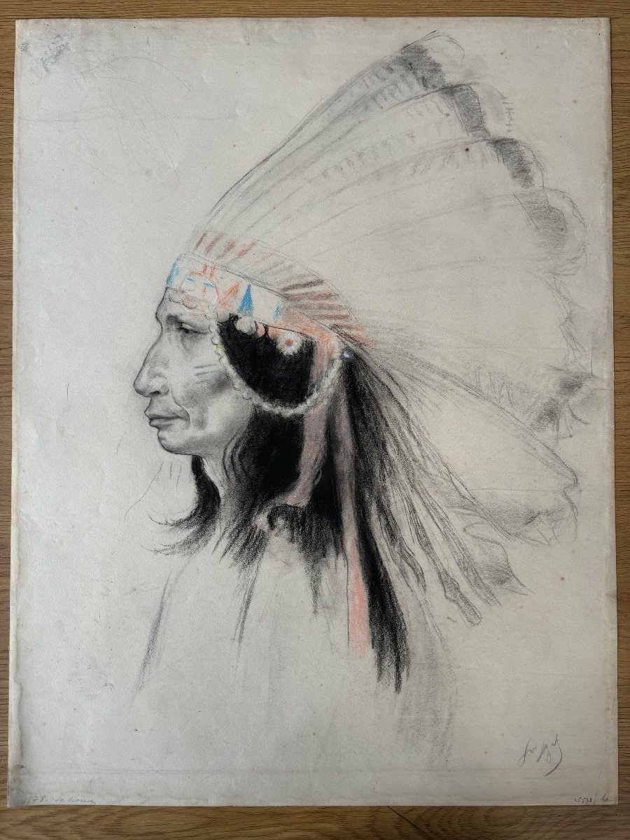 Louis Legrand Portrait De Chef Sioux Indien Pastel Signé 1900