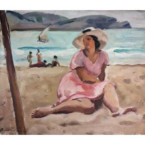 Charles PICART LE DOUX  femme au chapeau sur la plage Espagne huile sur toile 