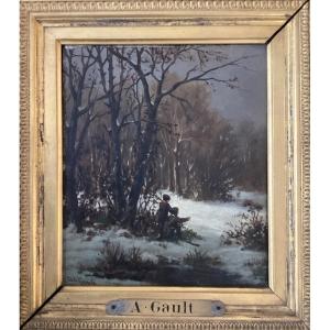 Alfred De Gault “children Baiting A Fox Under The Snow” - Oil On 19th Century Panel, Hunting 