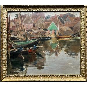 Alvaro Alcalá Galiano Impressionist Painting Landscape Holland Boats Lively Harbor Basque Country