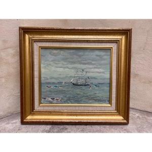 Jean Rigaud Huile Sur Toile L’ile D’yeu Le Belem 1987 Peinture Marine Bateau 