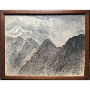 Victor Prouve Crayon Et Fusain Dessin Original Pic Du Midi Neouvielle Pyrénées 1933 montagne 