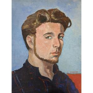 Xavier Zevaco Self-portrait Youth Work Oil On Cardboard