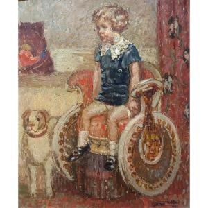 Georges  Villa Portrait De Sa Fille Nicole Au Chien Huile 1925