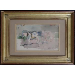 Albert Lebourg White Horse And Cart Watercolor Signed  