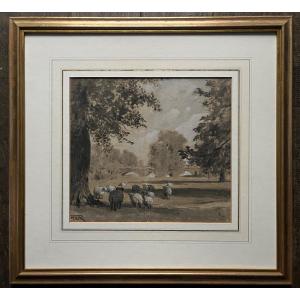 Horace Van Ruith - English School - Drawing Ink On Paper Park Sheep Dog Tree Bridge 