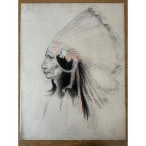 Louis Legrand Portrait De Chef Sioux Indien Pastel Signé 1900