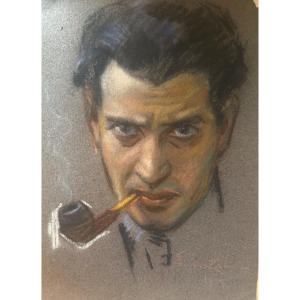 Sacha Zaliouk (1887-1971) Ukrainien Autoportrait à La Pipe Pastel 1921