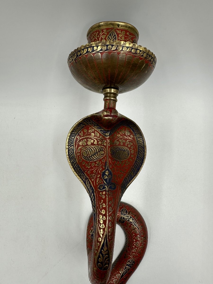 Pair Of 19th Century Enameled Bronze Cobra Snake Candlesticks-photo-2