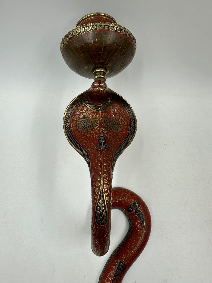 Pair Of 19th Century Enameled Bronze Cobra Snake Candlesticks-photo-1