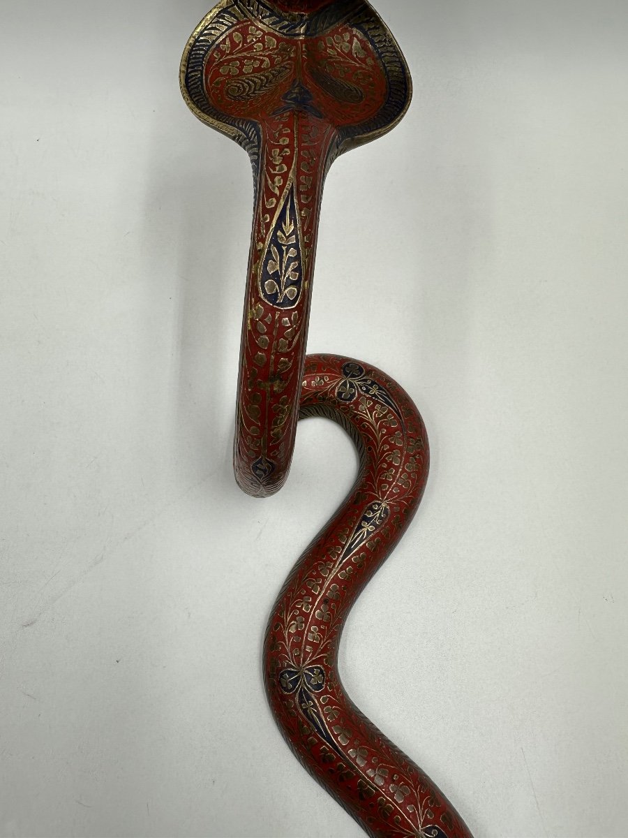 Pair Of 19th Century Enameled Bronze Cobra Snake Candlesticks-photo-5