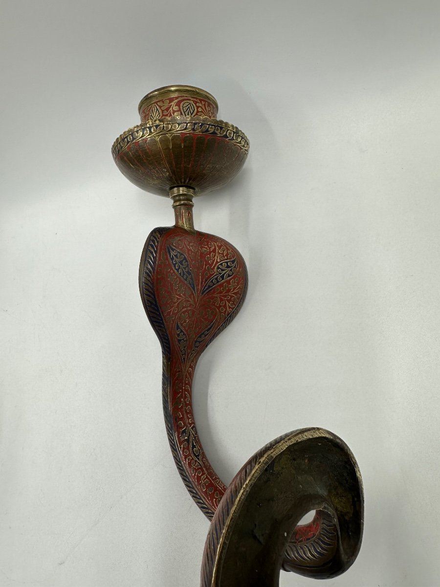 Pair Of 19th Century Enameled Bronze Cobra Snake Candlesticks-photo-6