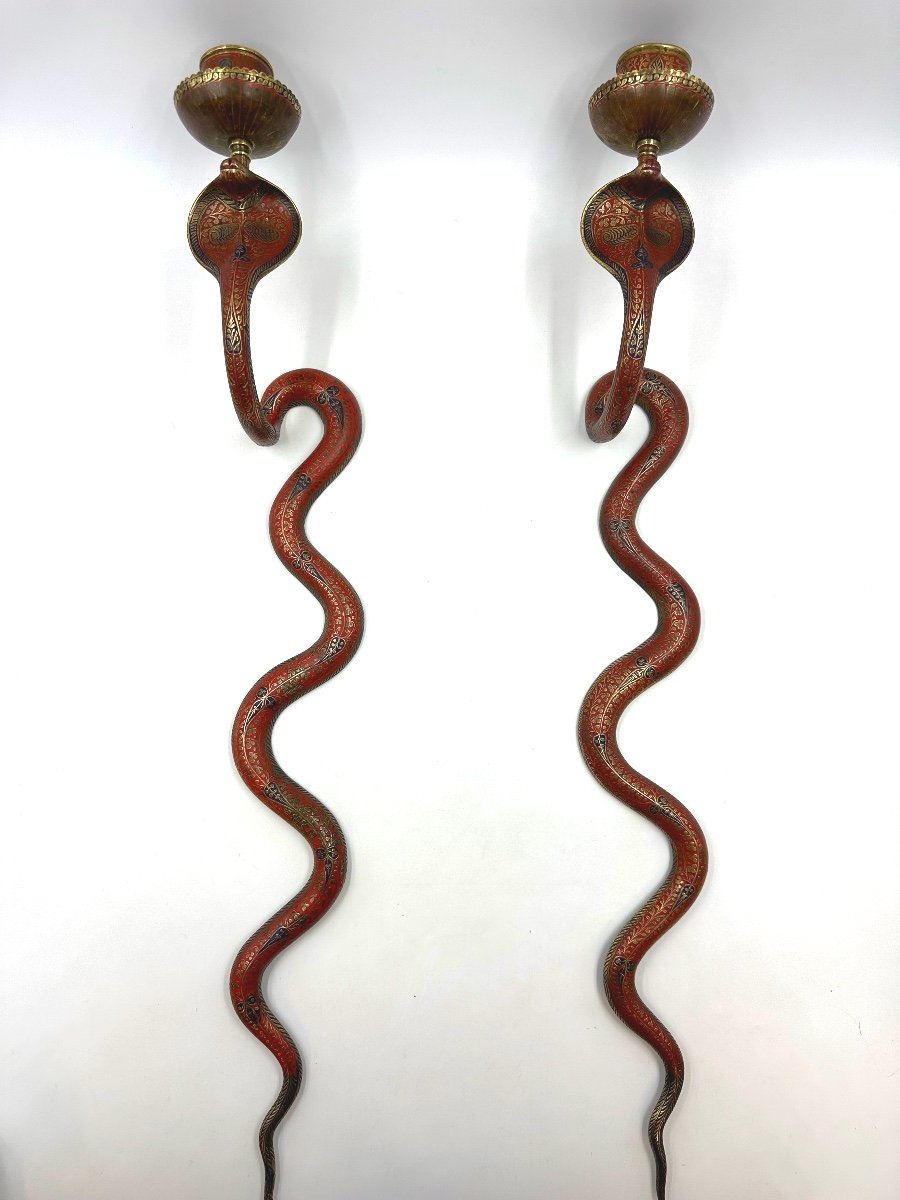 Pair Of 19th Century Enameled Bronze Cobra Snake Candlesticks