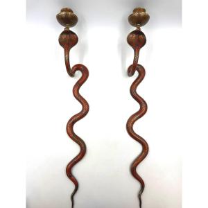 Pair Of 19th Century Enameled Bronze Cobra Snake Candlesticks