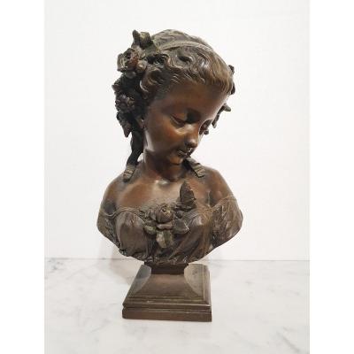 Bust Of Young Melancholic Woman In Patinated Bronze By Eugène-antoine Aizelin.