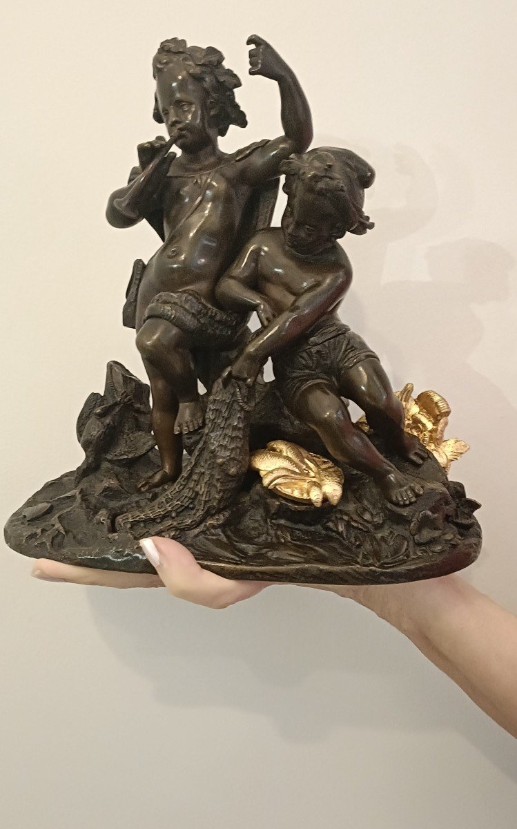 Bronze Group Sculpture Young Fisherman And Young Hunter 19th Century-photo-2