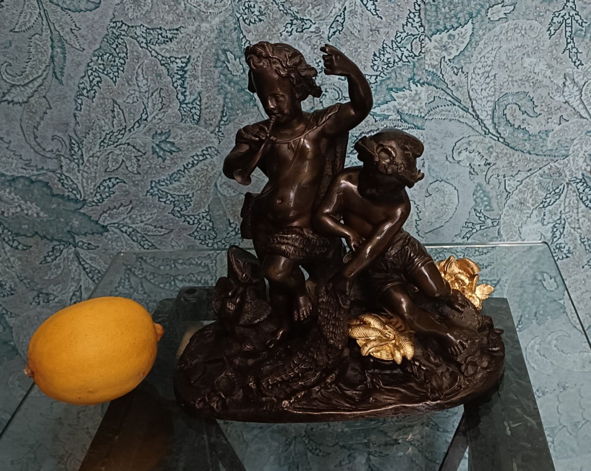 Bronze Group Sculpture Young Fisherman And Young Hunter 19th Century-photo-3