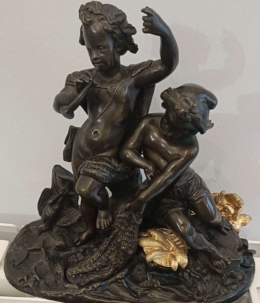 Bronze Group Sculpture Young Fisherman And Young Hunter 19th Century