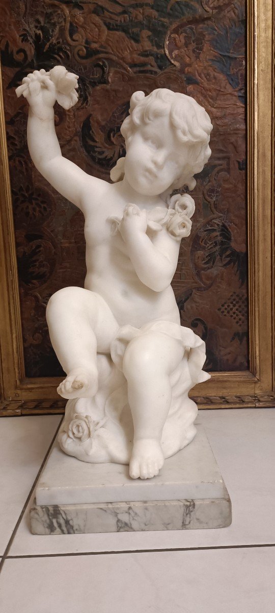 Marble Sculpture Putto And Roses Signed Hyppolyte Moreau 19th Century-photo-2