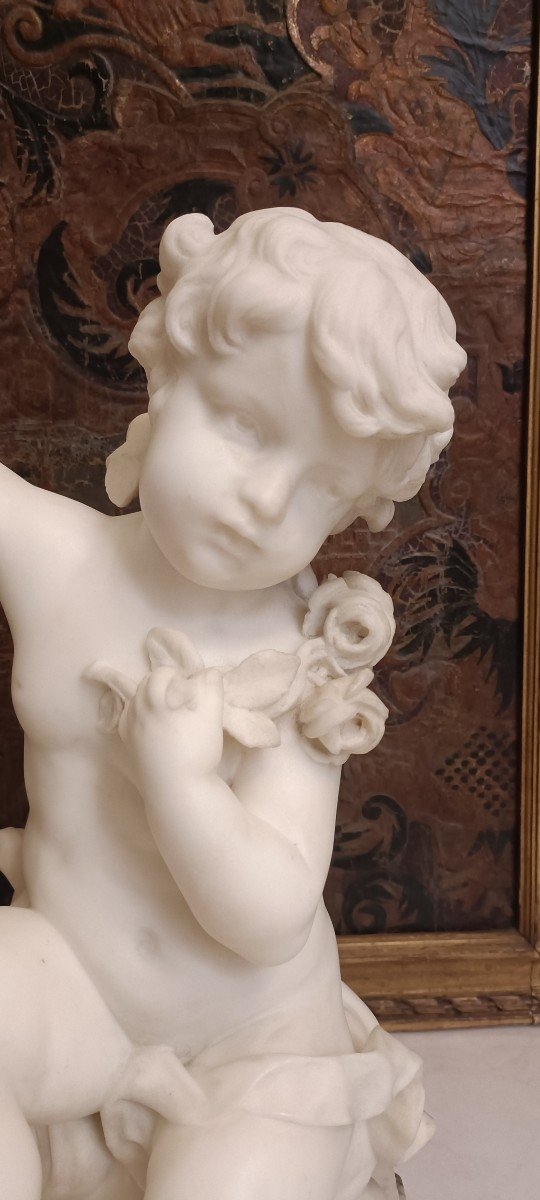 Marble Sculpture Putto And Roses Signed Hyppolyte Moreau 19th Century-photo-3