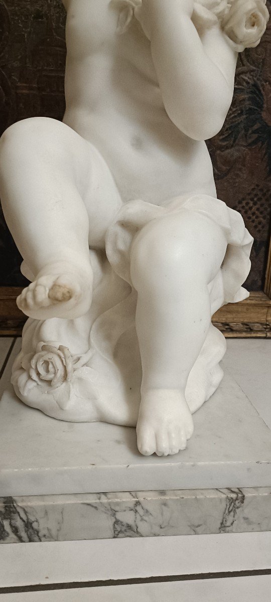 Marble Sculpture Putto And Roses Signed Hyppolyte Moreau 19th Century-photo-4