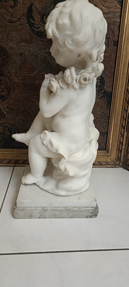 Marble Sculpture Putto And Roses Signed Hyppolyte Moreau 19th Century-photo-1