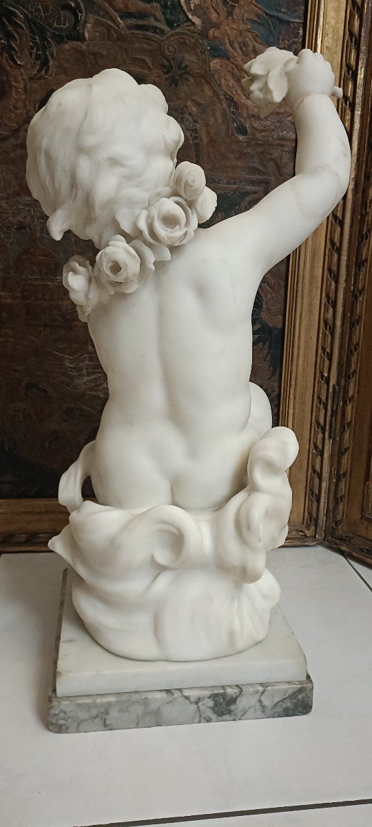 Marble Sculpture Putto And Roses Signed Hyppolyte Moreau 19th Century-photo-2