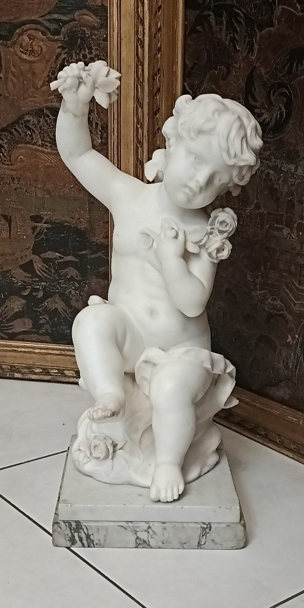 Marble Sculpture Putto And Roses Signed Hyppolyte Moreau 19th Century-photo-6