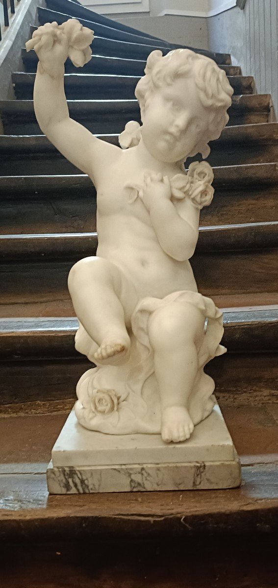 Marble Sculpture Putto And Roses Signed Hyppolyte Moreau 19th Century-photo-7