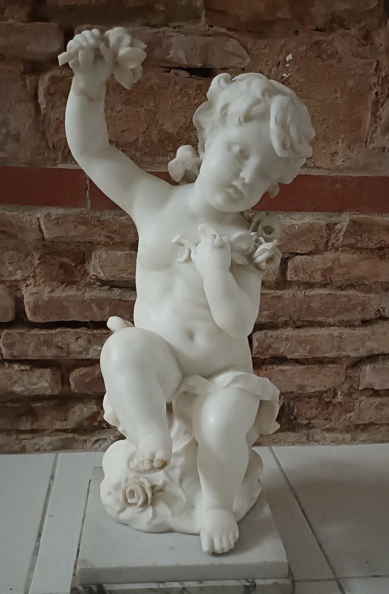 Marble Sculpture Putto And Roses Signed Hyppolyte Moreau 19th Century