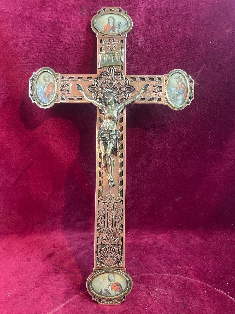 Crucifix Bronze Dore Et Cuivre Tetramorphe Aux Ecoincons aquarelles