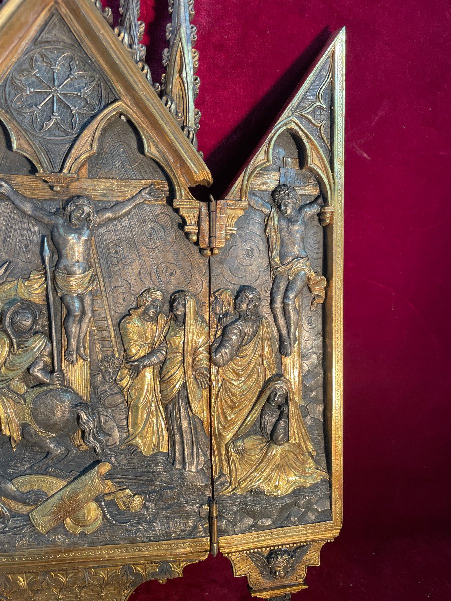 Benitier Bronze Patina And Gilt Triptych-photo-4