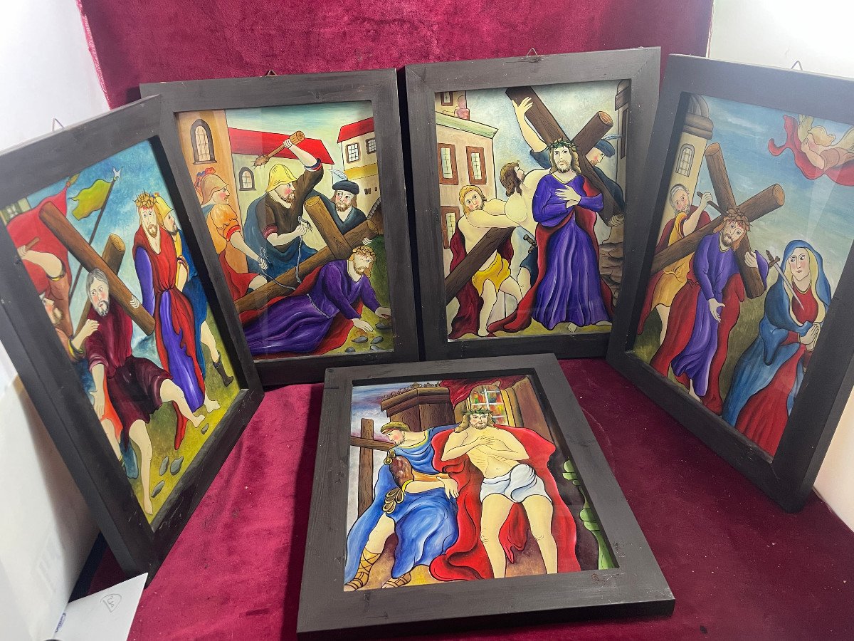 Complete Way Of The Cross Paintings Under Glass 