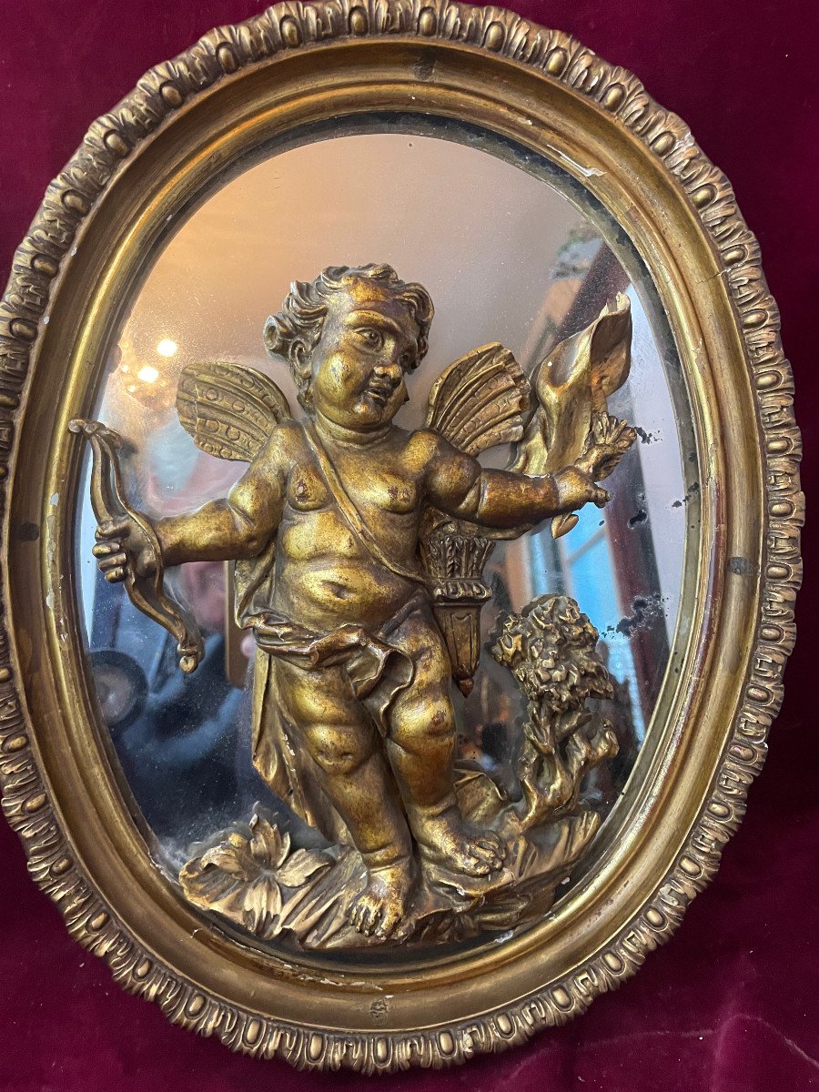 Angelot Amour Sur Miroir Cadre Bois Dore-photo-3