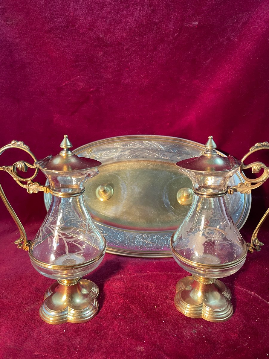 Pair Of Cruets And Their Tray In Silver And Silver Gilt-photo-3