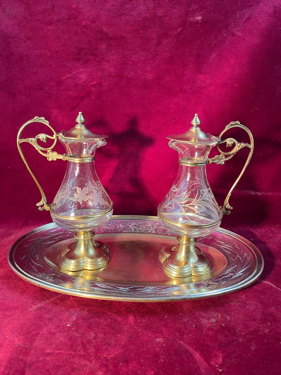 Pair Of Cruets And Their Tray In Silver And Silver Gilt