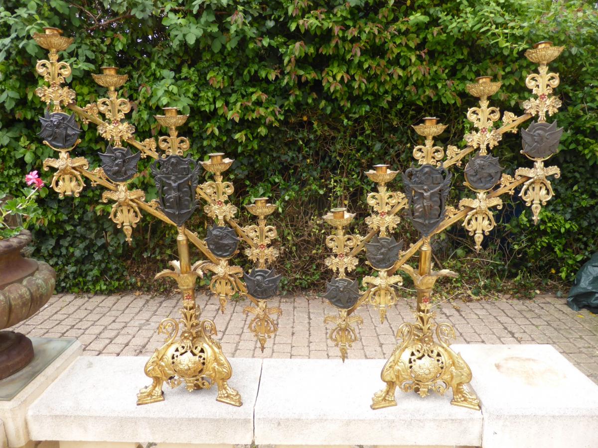 Candelabres D Autel Bronze Dore Articule Evangelistes-photo-4