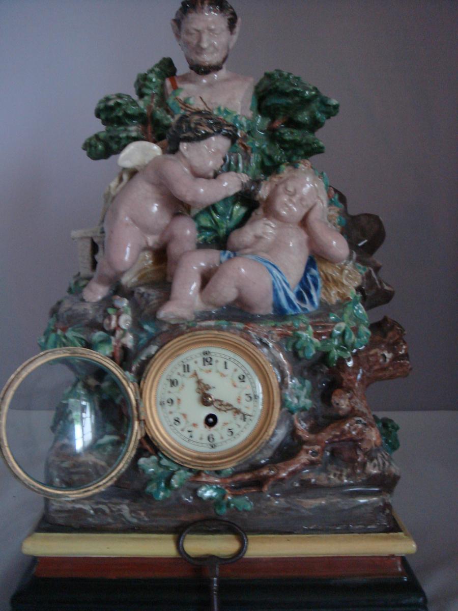 PENDULE EN CERAMIQUE FAUNE ET CHERUBINS-photo-6