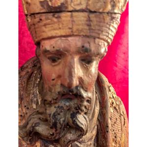 Bust Of Bishop Polychrome 17th Century